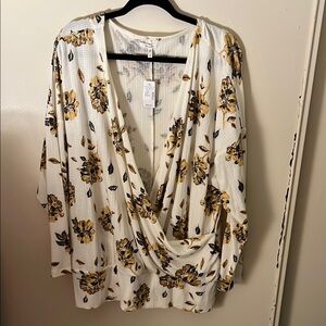 Maurices White and Yellow Floral Draped V-Neck Long Sleeve Blouse
